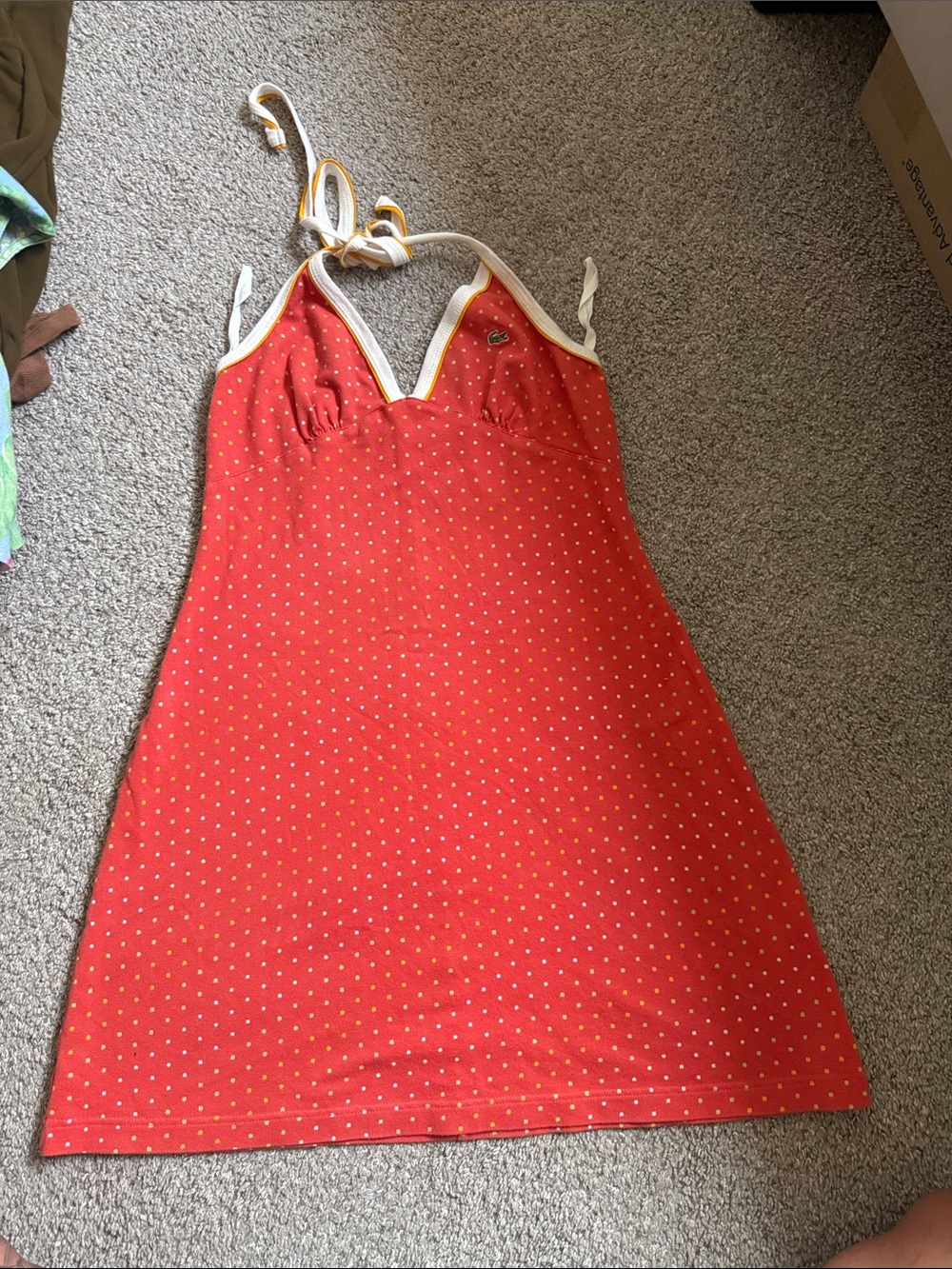 Lacoste Red Orange Polka Dot Halter Mini Dress with Cream Trim